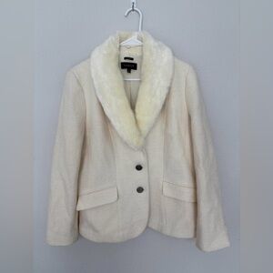 Women Talbots Ivory Aberdeen Wool Blend Blazer Removable Faux Fur Collar Size 12